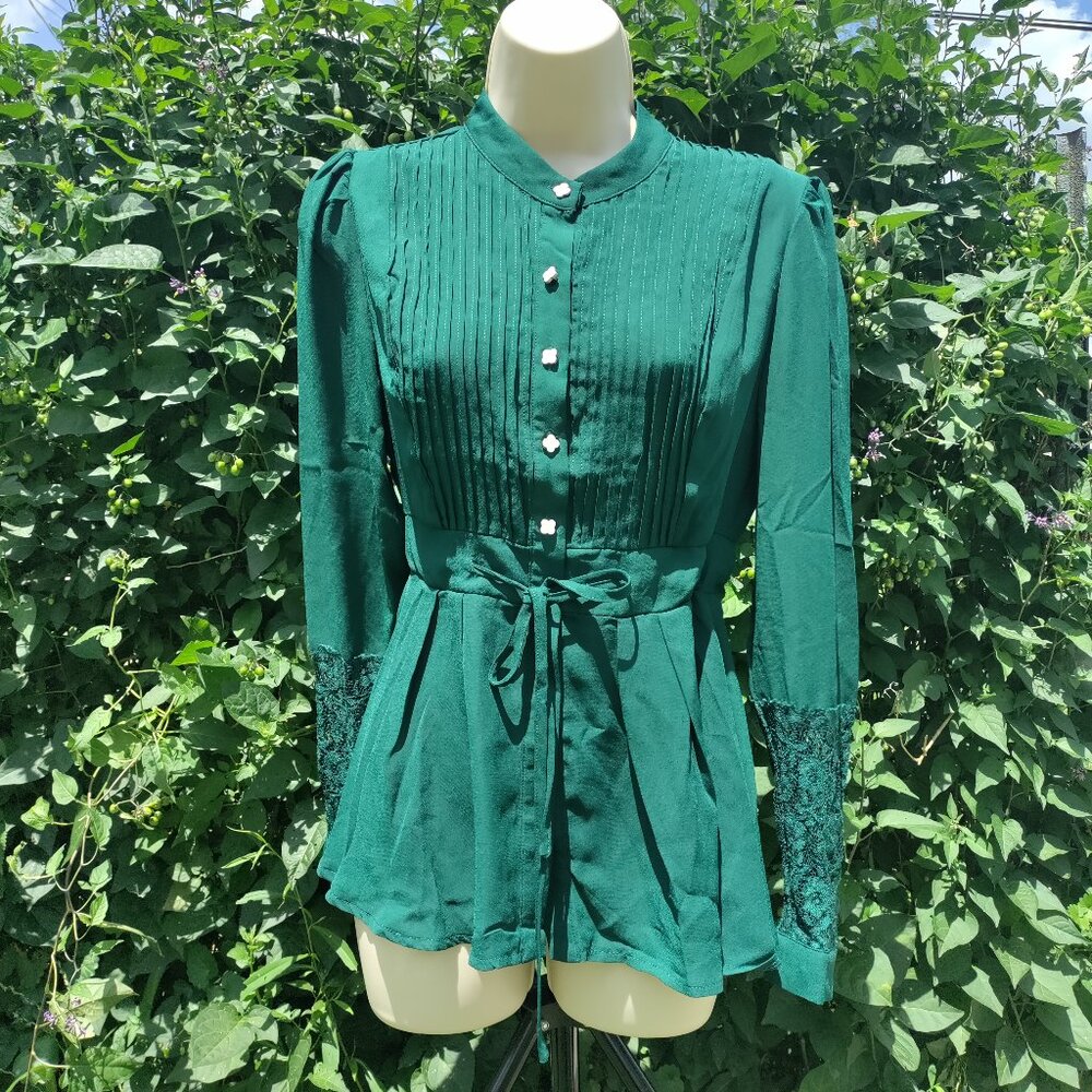Elegant Long Sleeve Blouse Pleated with Lace Contrast